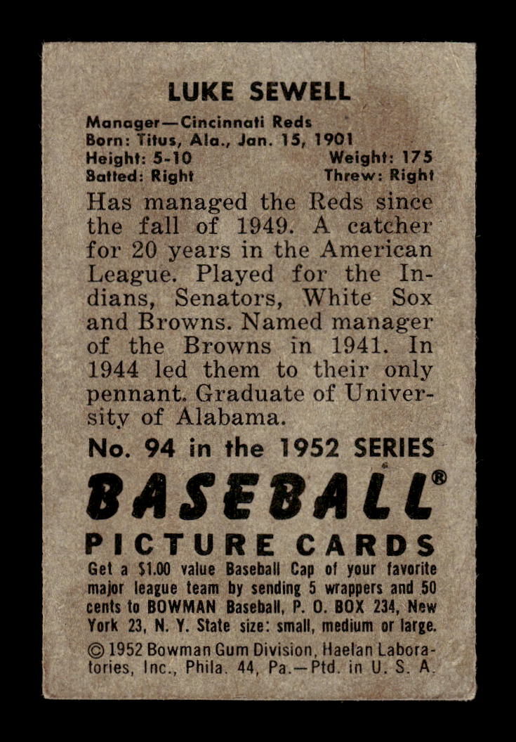 1952 Bowman #94 Luke Sewell Cincinnati Reds G/VG 10012286