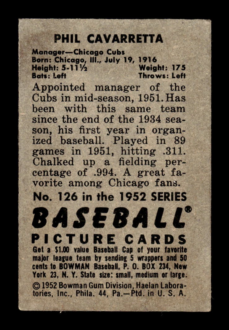 1952 Bowman #126 Phil Cavarretta Chicago Cubs G/VG 10012291