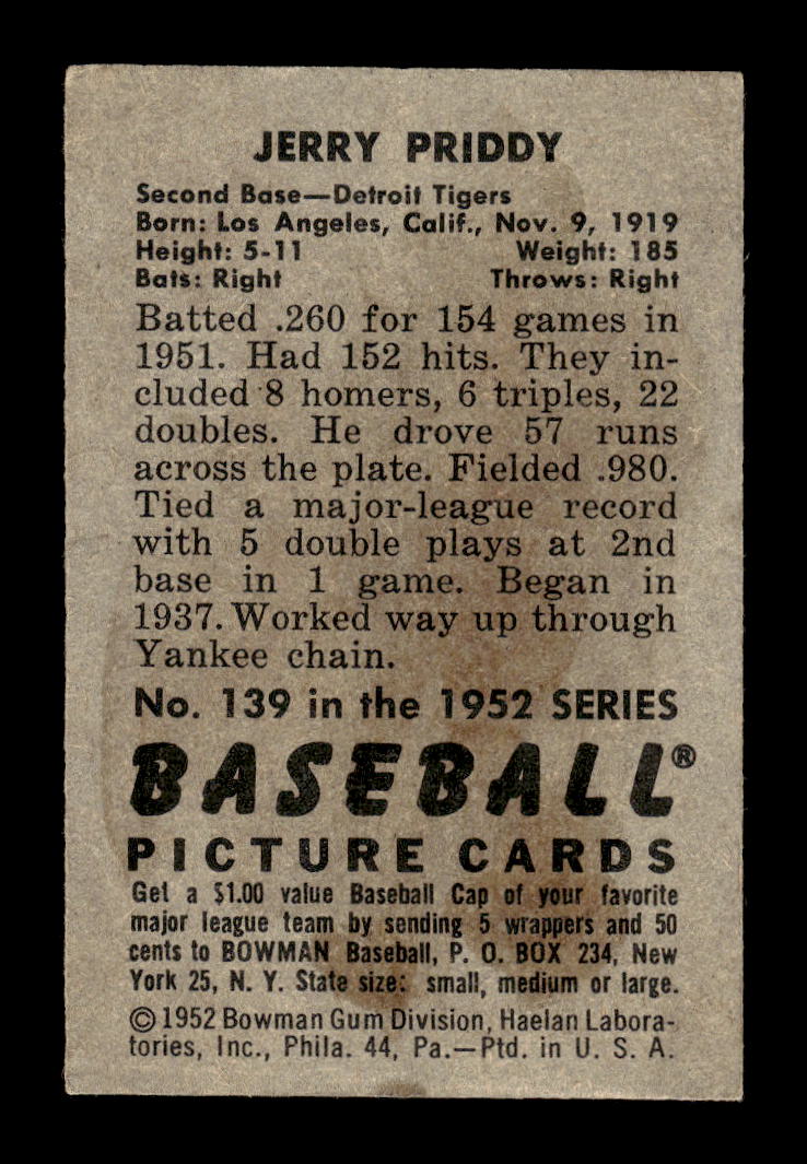 1952 Bowman #139 Jerry Priddy Detroit Tigers G/VG 10012294