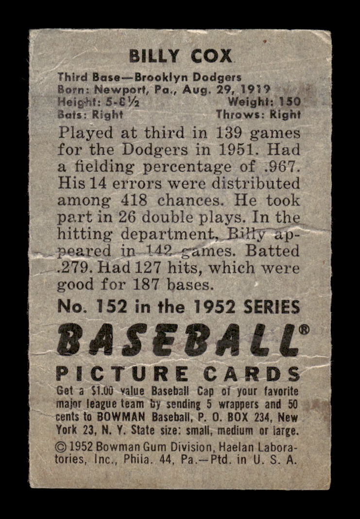 1952 Bowman #152 Billy Cox Brooklyn Dodgers Poor 10012298