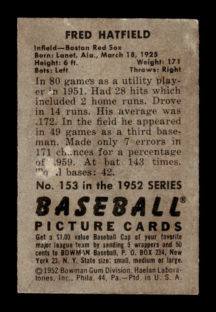 1952 Bowman #153 Fred Hatfield Boston Red Sox G/VG 10012299