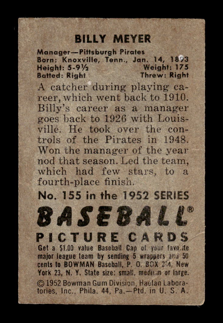 1952 Bowman #155 Billy Meyer Pittsburgh Pirates G/VG 10012301
