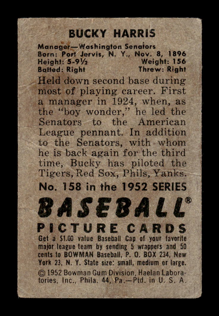 1952 Bowman #158 Bucky Harris Washington Senators G/VG 10012302