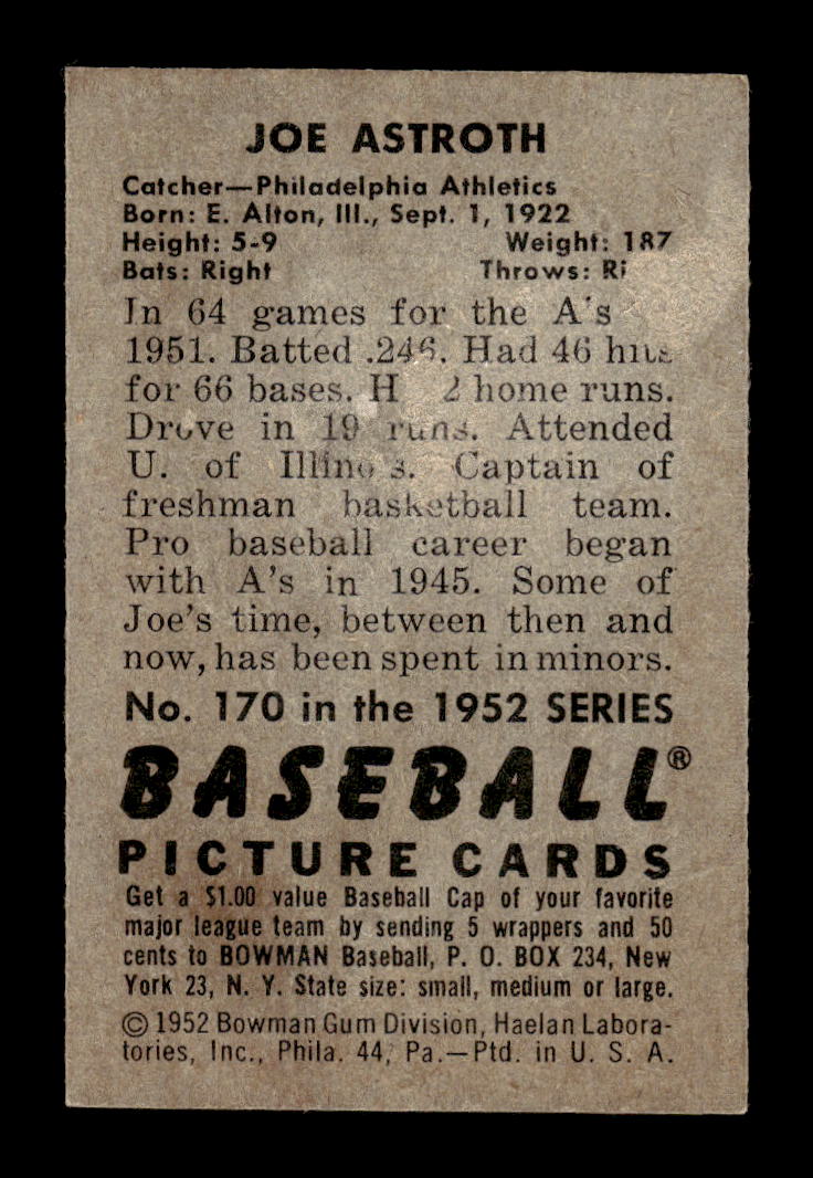 1952 Bowman #170 Joe Astroth Philadelphia Athletics G/VG 10012308