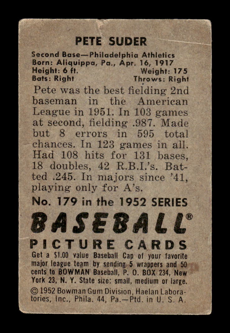 1952 Bowman #179 Pete Suder Philadelphia Athletics G/VG 10012312