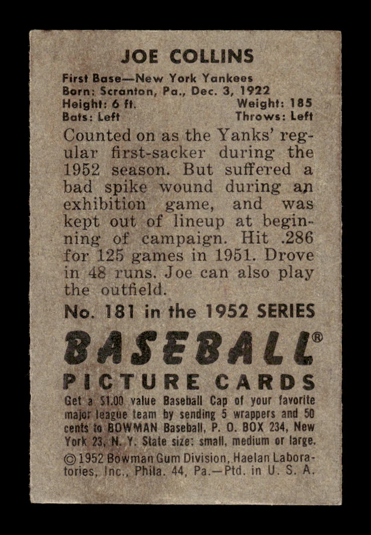 1952 Bowman #181 Joe Collins New York Yankees G/VG 10012313