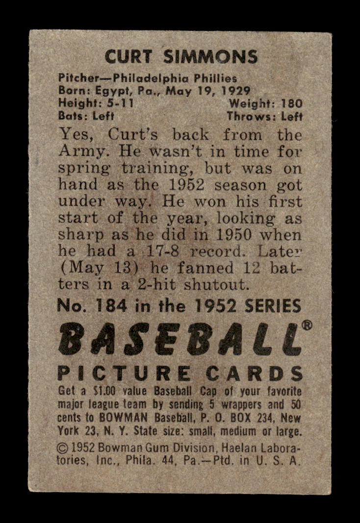 1952 Bowman #184 Curt Simmons Philadelphia Phillies G/VG 10012315