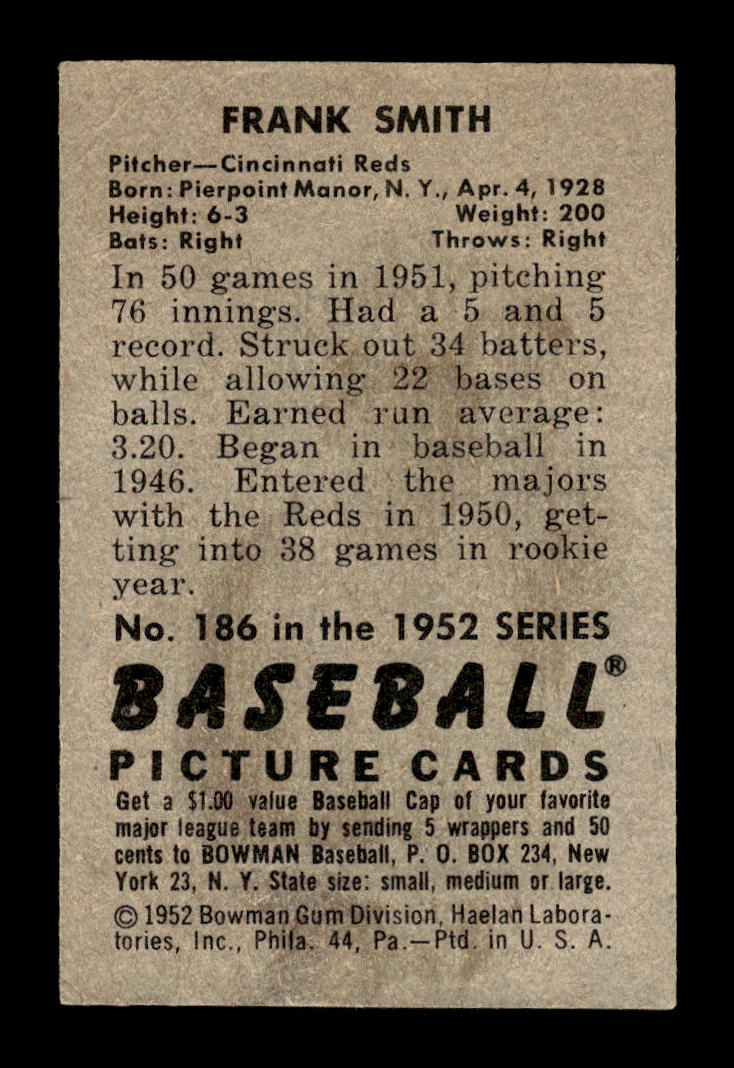1952 Bowman #186 Frank Smith Cincinnati Reds G/VG 10012316