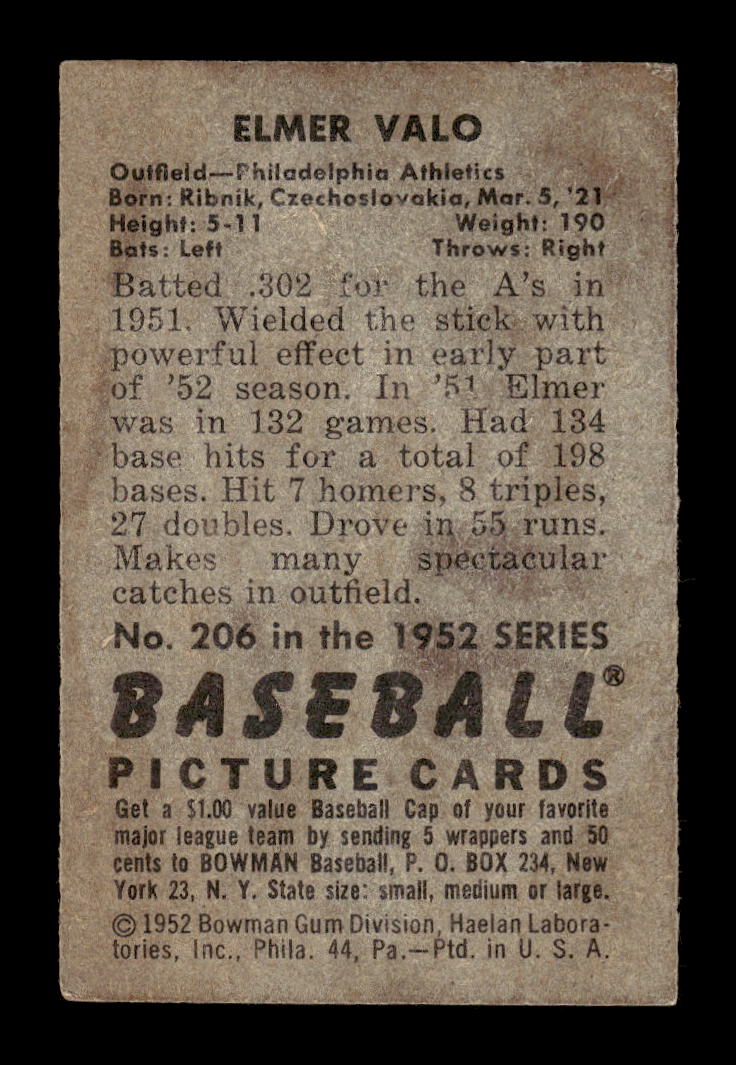 1952 Bowman #206 Elmer Valo Philadelphia Athletics G/VG 10012326