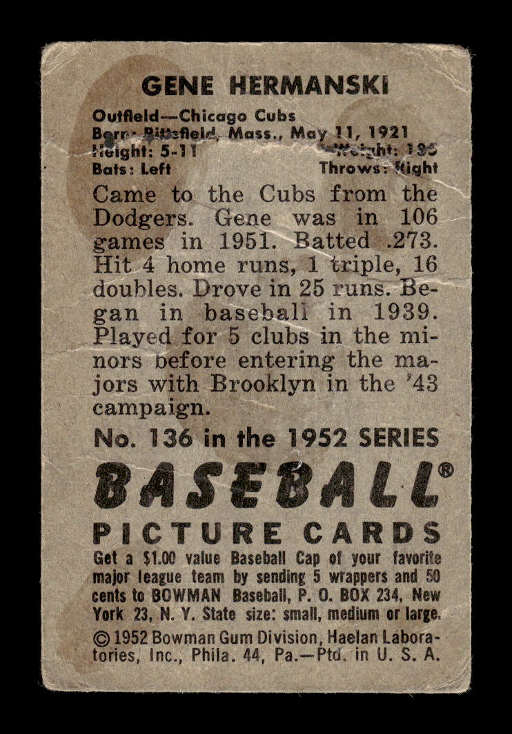 1952 Bowman #136 Gene Hermanski Chicago Cubs Poor 10012334