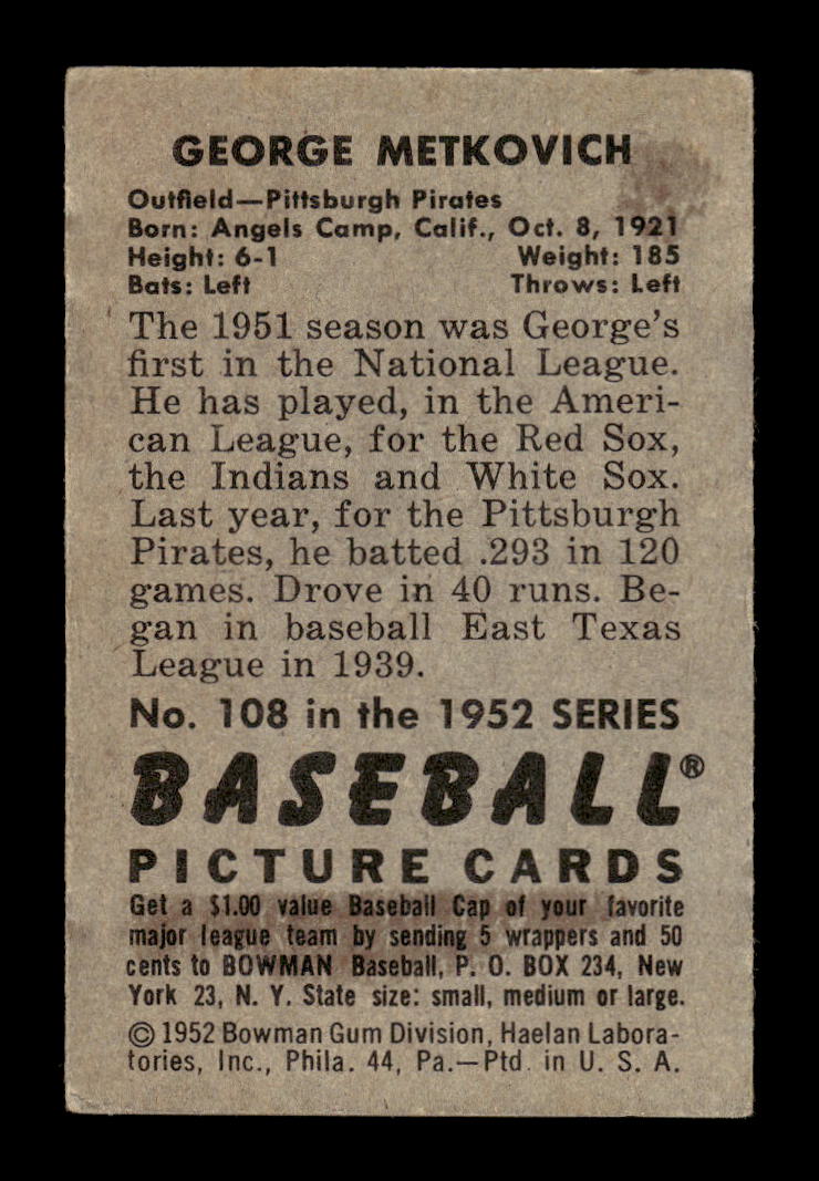 1952 Bowman #108 George Metkovich Pittsburgh Pirates G/VG 10012336