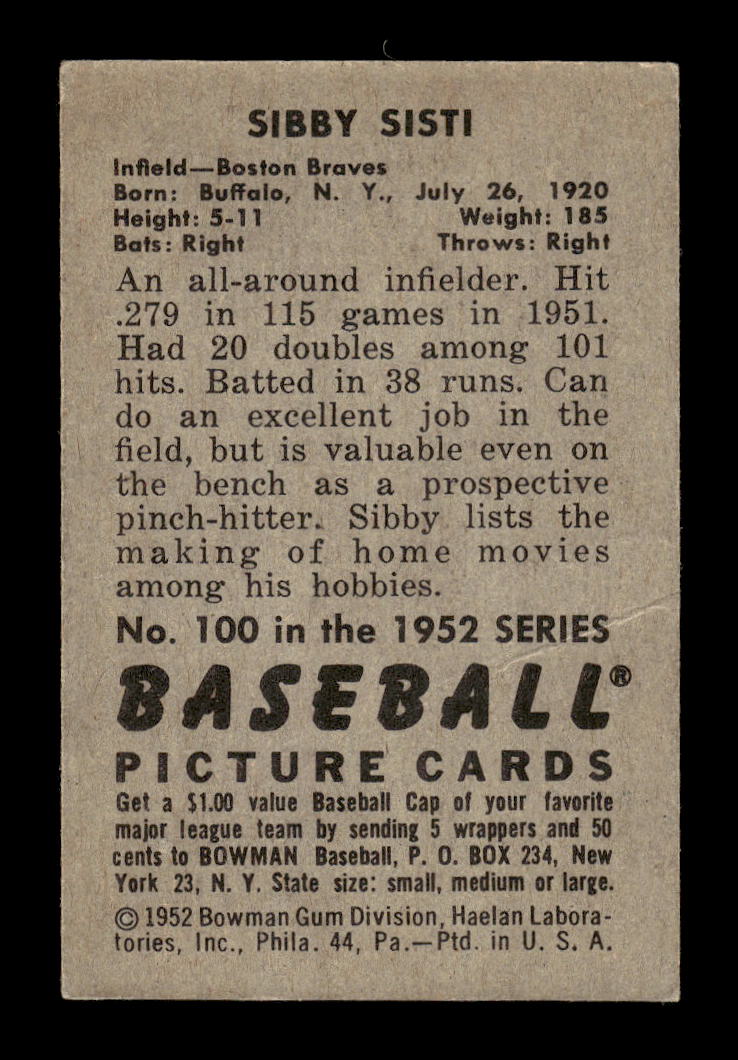 1952 Bowman #100 Sibby Sisti Boston Braves G/VG 10012338