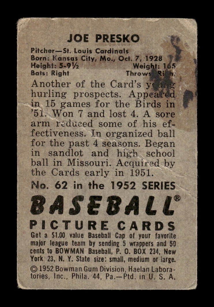 1952 Bowman #62 Joe Presko St. Louis Cardinals Poor 10012340