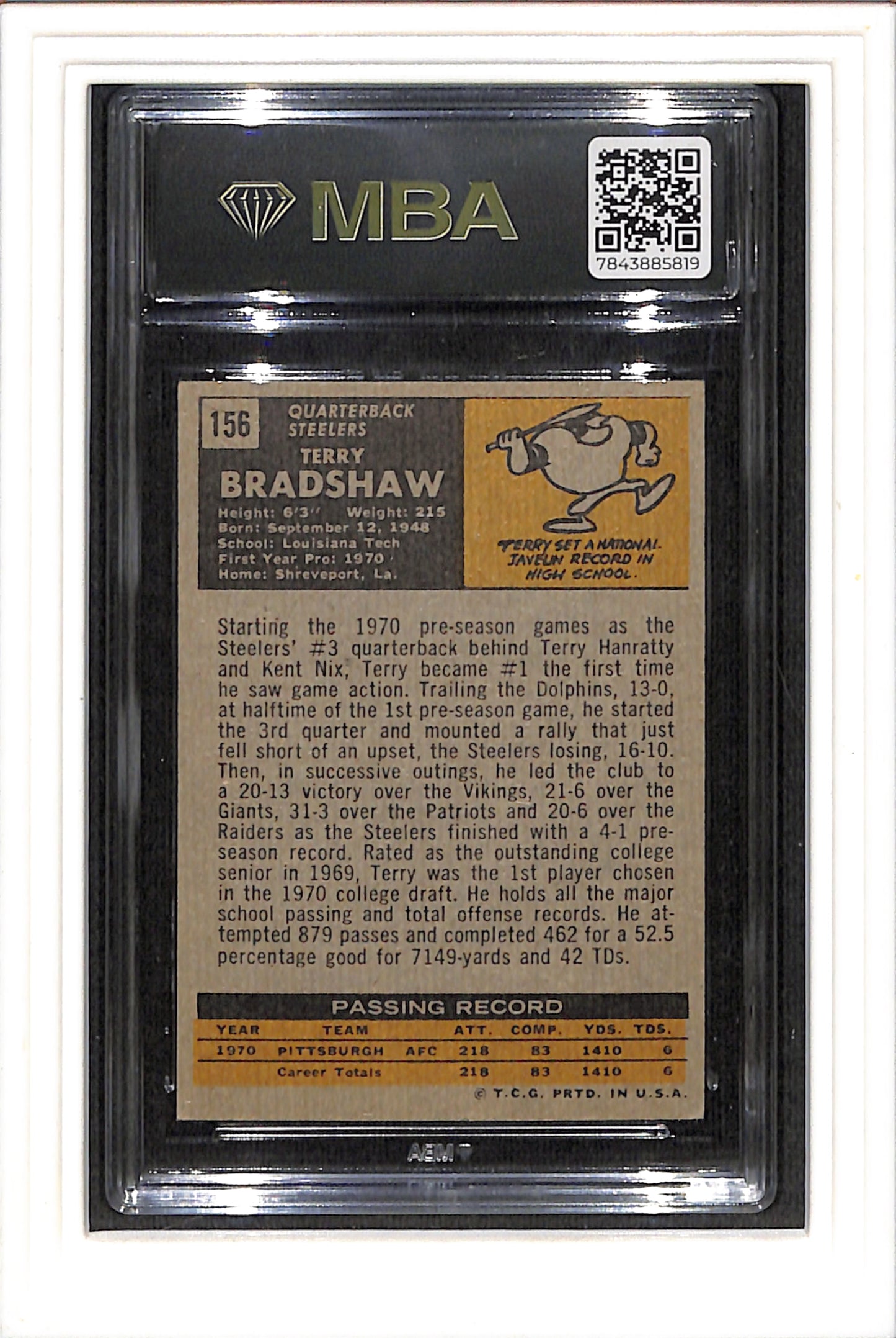 1971 Topps #156 Terry Bradshaw MBA 3 SN 7843885819 Wow!