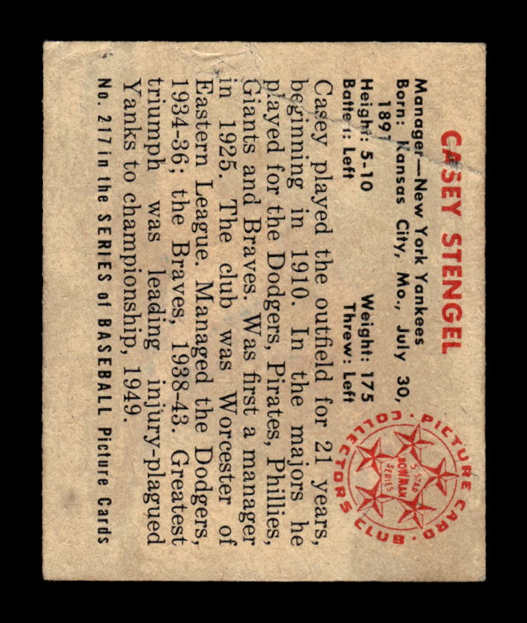 1950 Bowman #217 Casey Stengel New York Yankees Poor 10012721