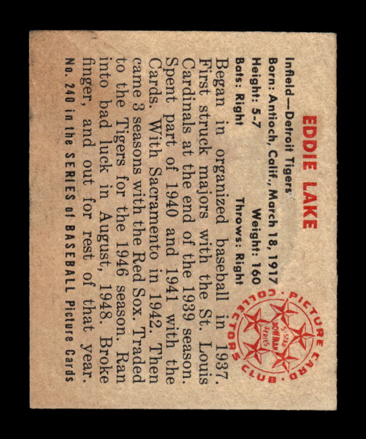 1950 Bowman #240 Eddie Lake Detroit Tigers Poor 10012723