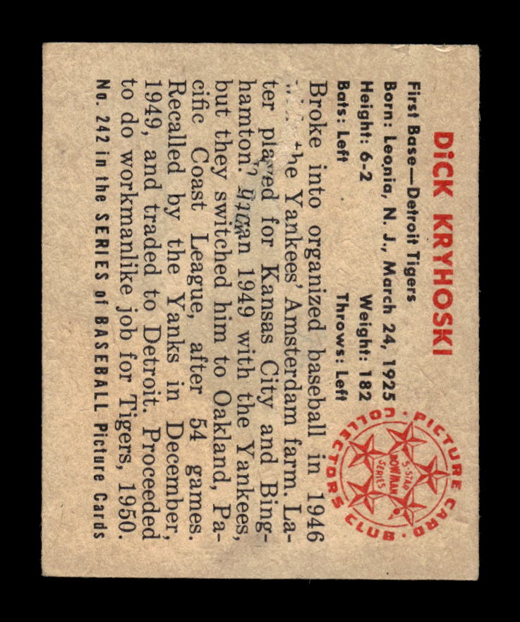 1950 Bowman #242 Dick Kryhoski Detroit Tigers Poor 10012725