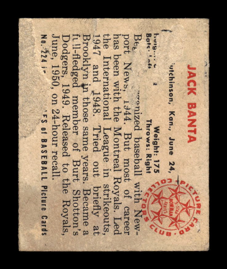 1950 Bowman #224 Jack Banta Brooklyn Dodgers Poor 10012737