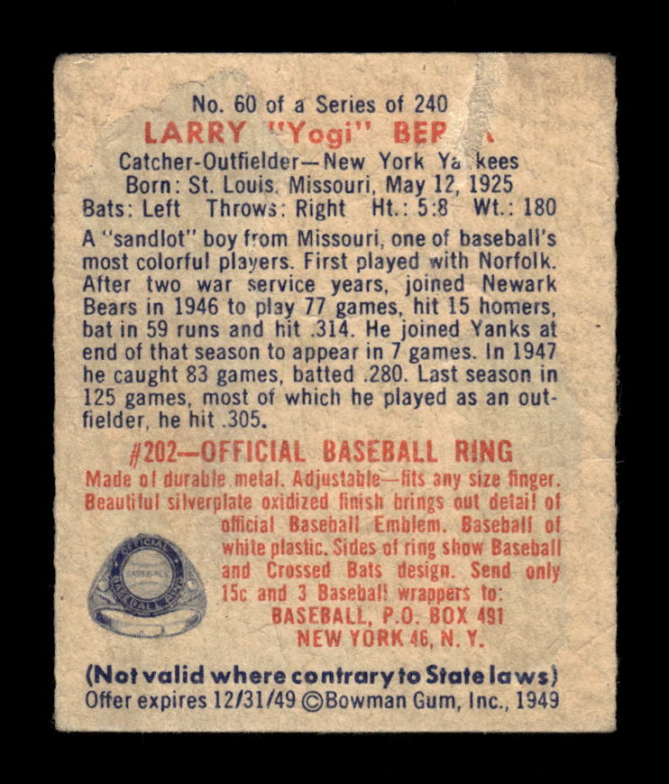 1949 Bowman #60 Larry Yogi Berra New York Yankees Poor 10012745