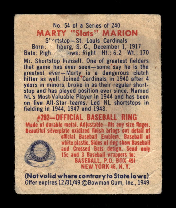 1949 Bowman #54 Marty Slats Marion St. Louis Cardinals Poor 10012747