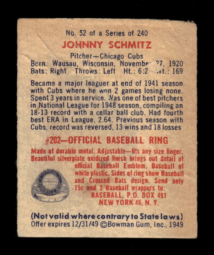 1949 Bowman #52 Johnny Schmitz Chicago Cubs Poor 10012749