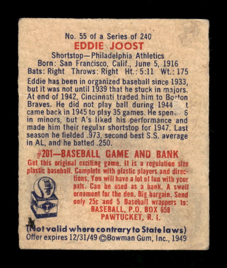 1949 Bowman #55 Eddie Joost Philadelphia Athletics Poor 10012750