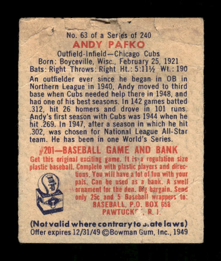 1949 Bowman #63 Andy Pafko Chicago Cubs Poor 10012752
