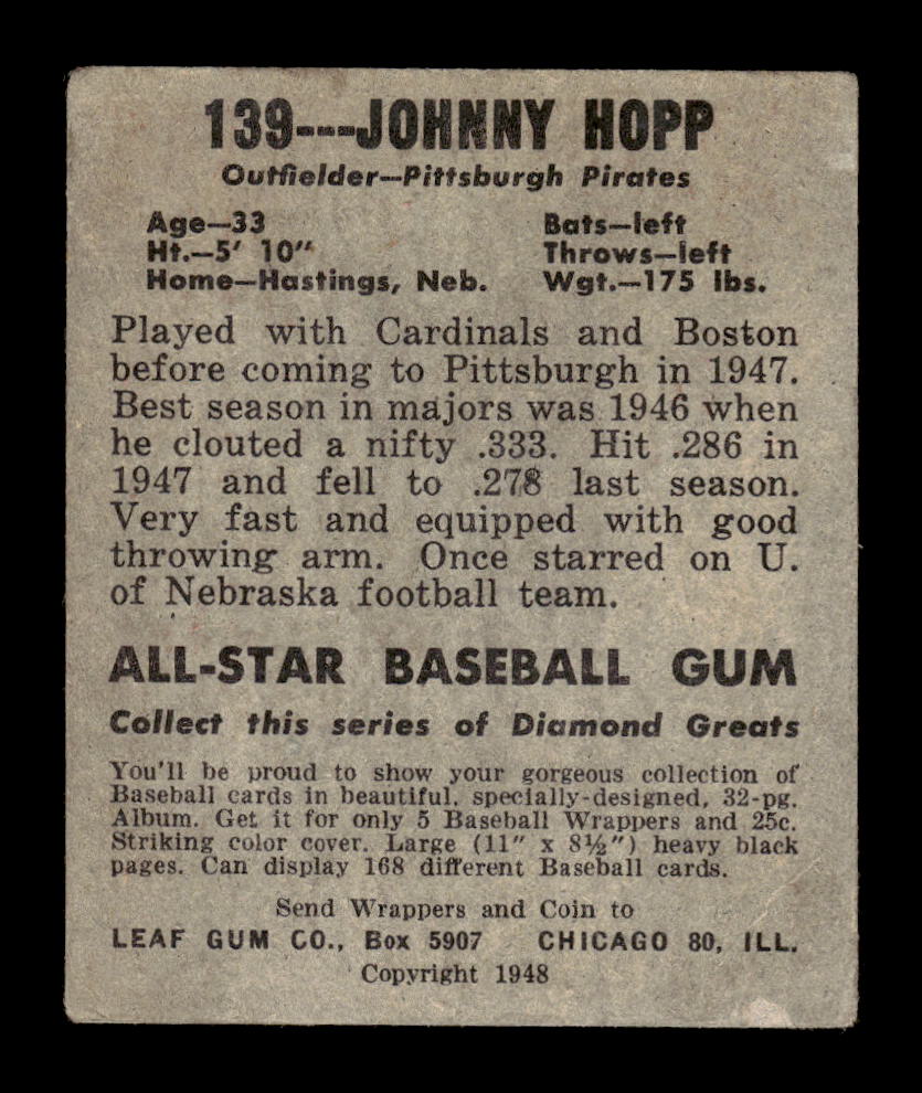 1948-49 Leaf #139 Johnny Hopp Pittsburgh Pirates VG 10012754
