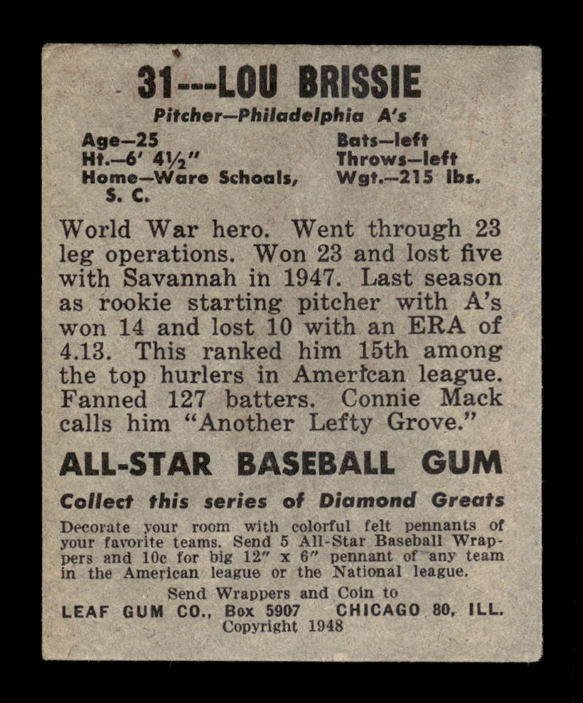 1948-49 Leaf #31 Lou Brissie Philadelphia Athletics VG 10012762