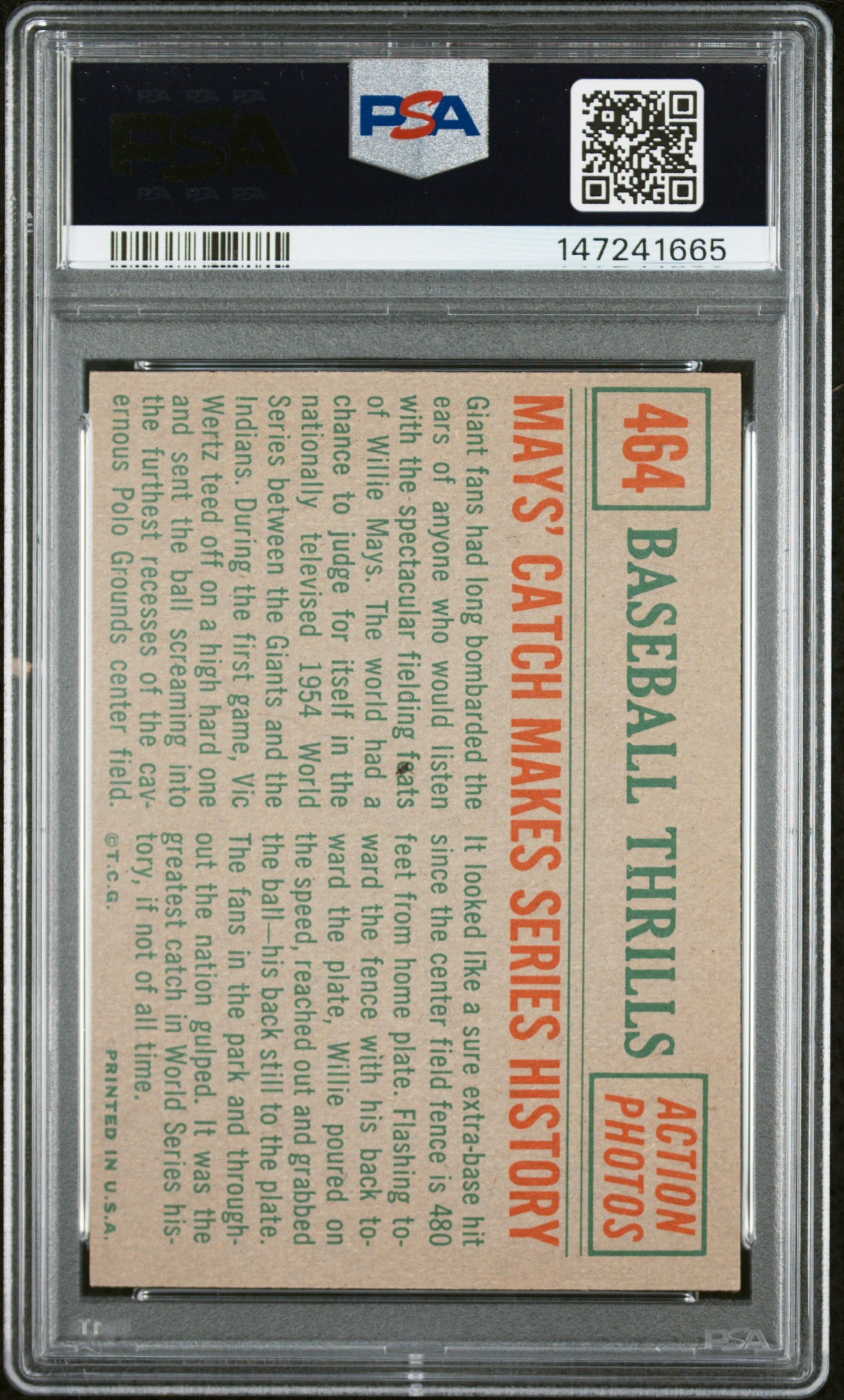 1959 Topps #464 Mays' Catch Makes Series History PSA 8 SN 147241665