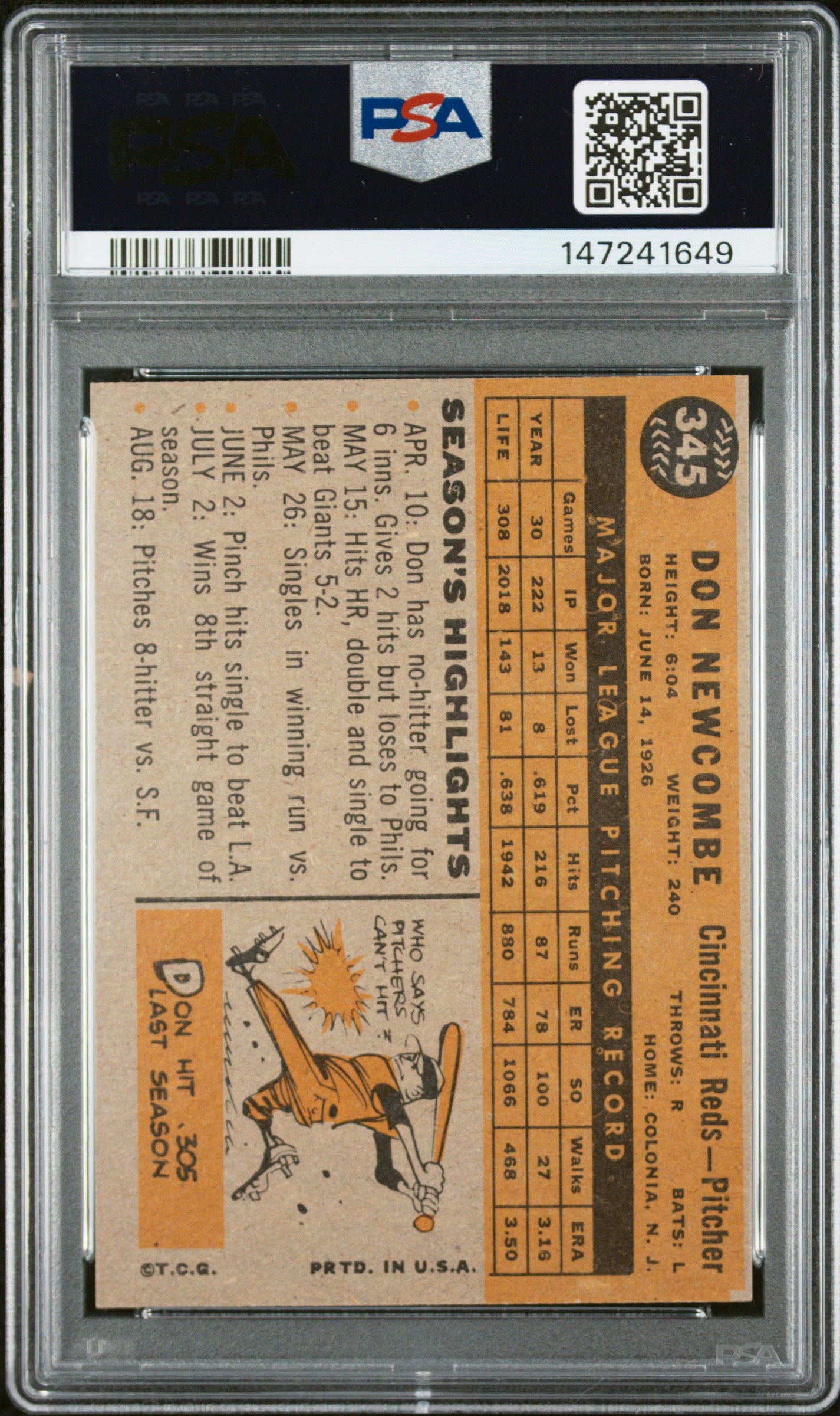 1960 Topps #345 Don Newcombe PSA 6 SN 147241649