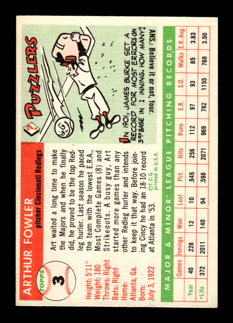 1955 Topps #3 Art Fowler Cincinnati Redlegs EX 10012815