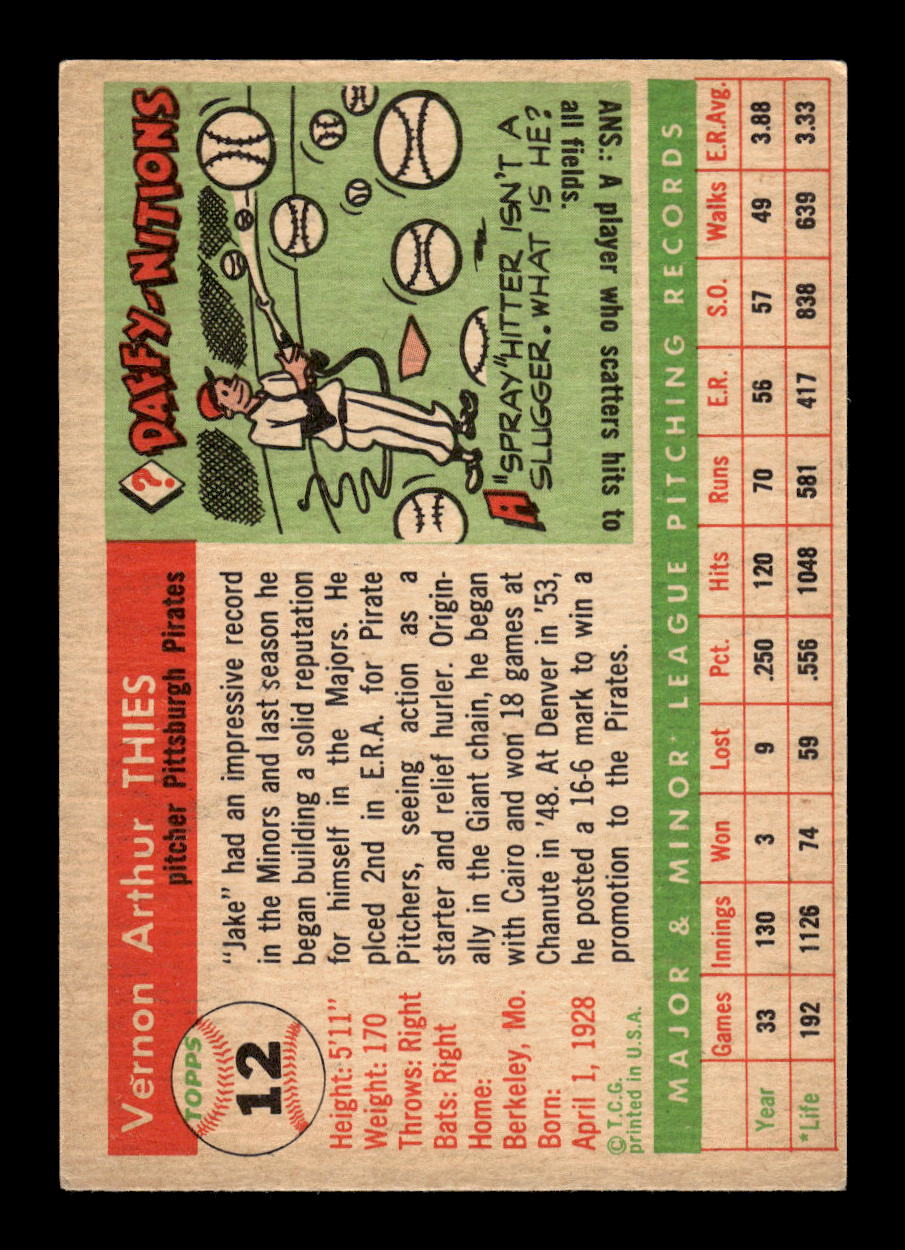 1955 Topps #12 Jake Thies Pittsburgh Pirates EX 10012820