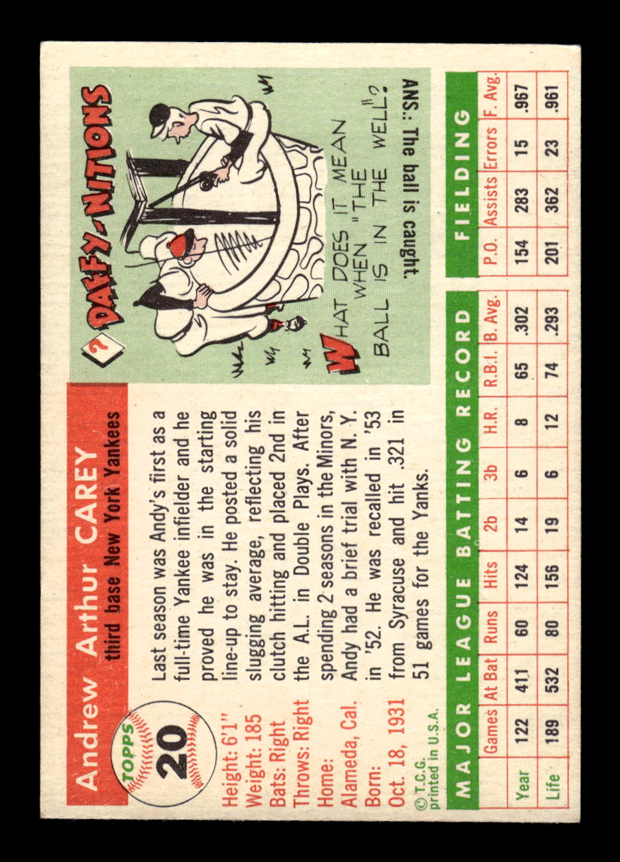 1955 Topps #20 Andy Carey New York Yankees EX 10012825