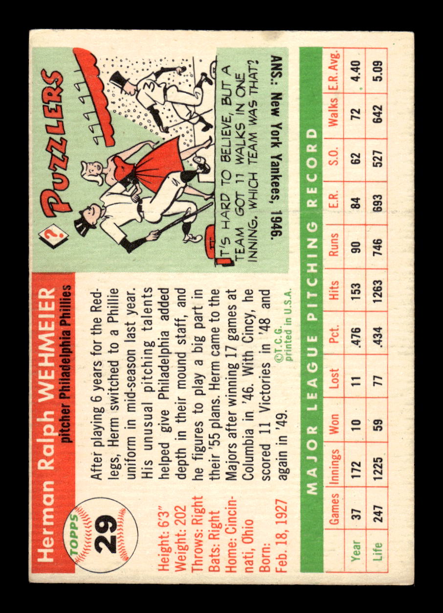 1955 Topps #29a Herman Wehmeier Philadelphia Phillies EX 10012829