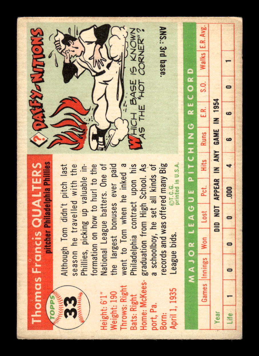 1955 Topps #33 Tom Qualters Philadelphia Phillies EX 10012830