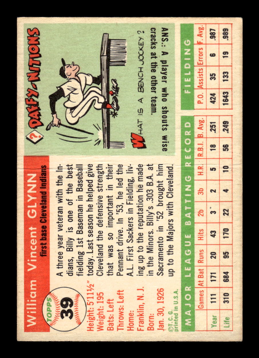 1955 Topps #39 Bill Glynn Cleveland Indians EX 10012833