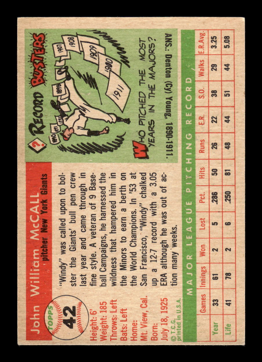 1955 Topps #42 Windy McCall New York Giants EX 10012835