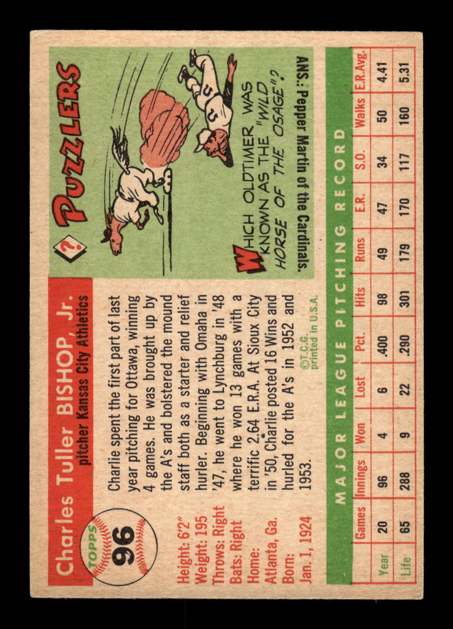 1955 Topps #96 Charlie Bishop Kansas City Athletics EX 10012864