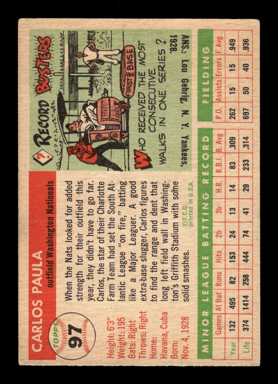 1955 Topps #97 Carlos Paula Washington Senators EX 10012865