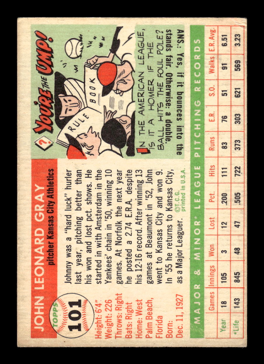 1955 Topps #101 Johnny Gray Kansas City Athletics EX 10012867