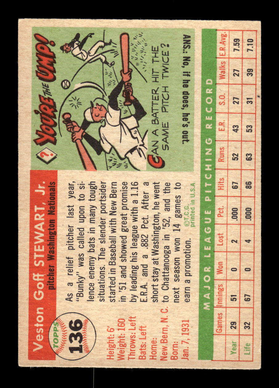 1955 Topps #136 Bunky Stewart Washington Senators EX 10012887