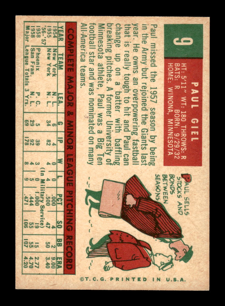 1959 Topps #9 Paul Giel San Francisco Giants EXMT 10012908