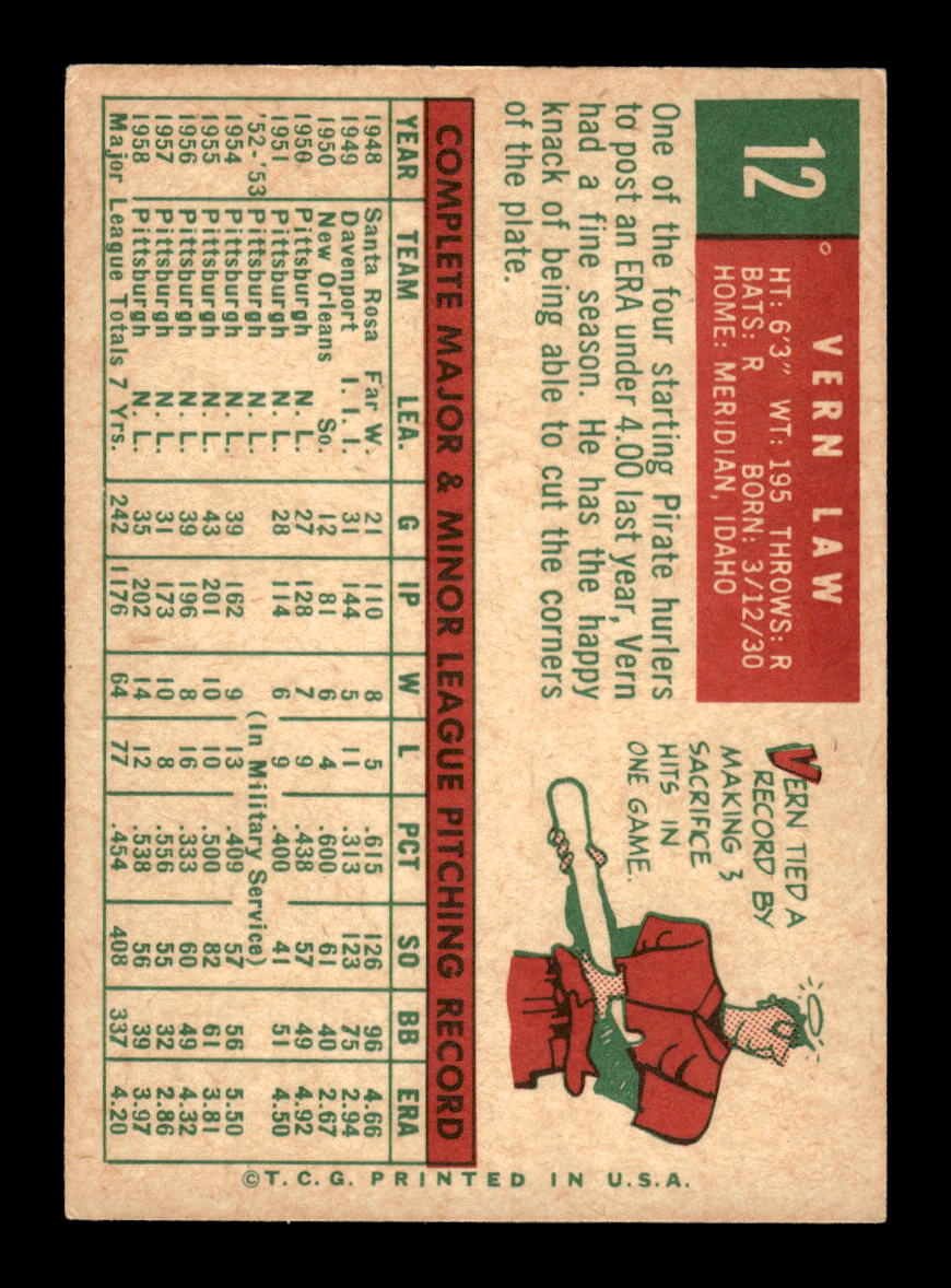 1959 Topps #12 Vern Law Pittsburgh Pirates EXMT 10012910