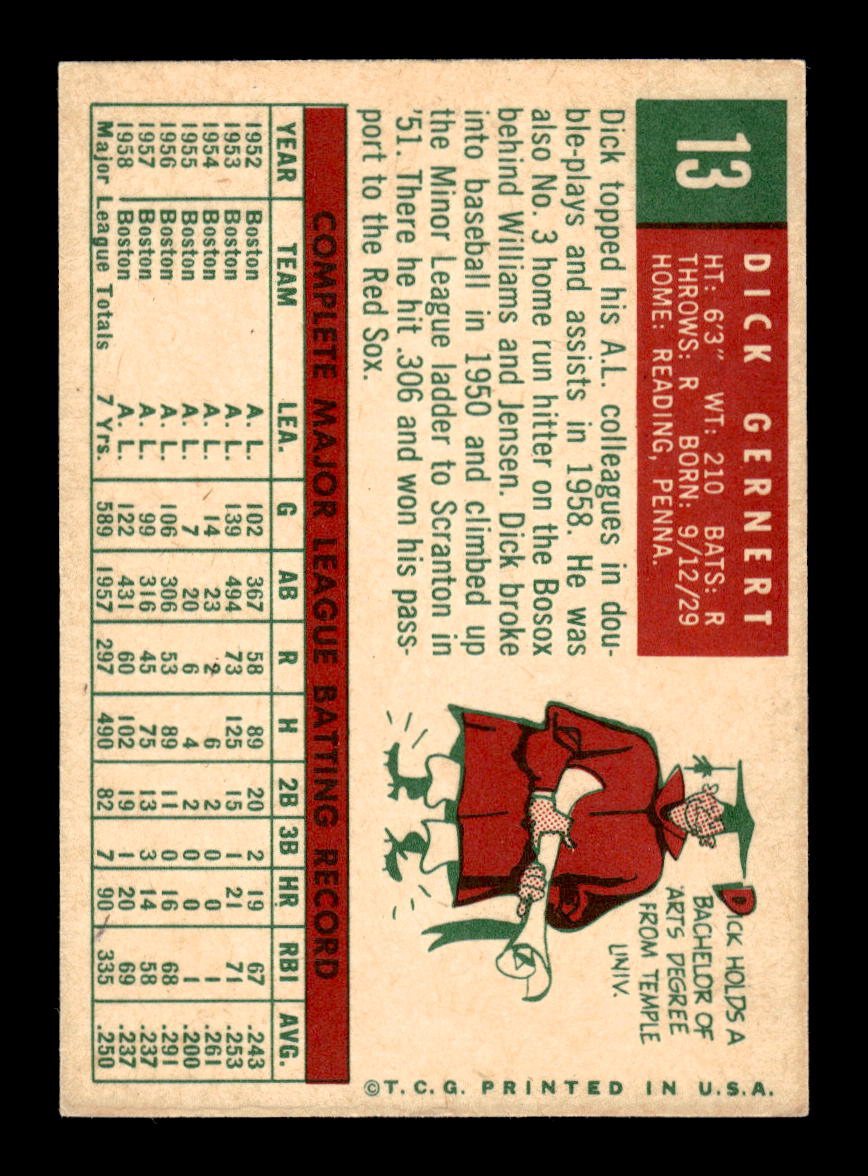 1959 Topps #13 Dick Gernert Boston Red Sox EXMT 10012911