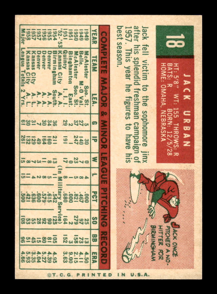 1959 Topps #18 Jack Urban Kansas City Athletics EXMT 10012913