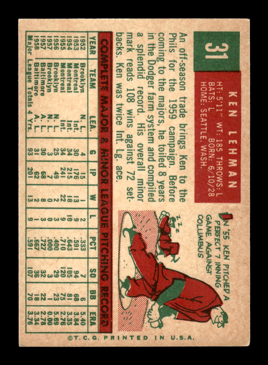 1959 Topps #31 Ken Lehman Philadelphia Phillies EXMT 10012922