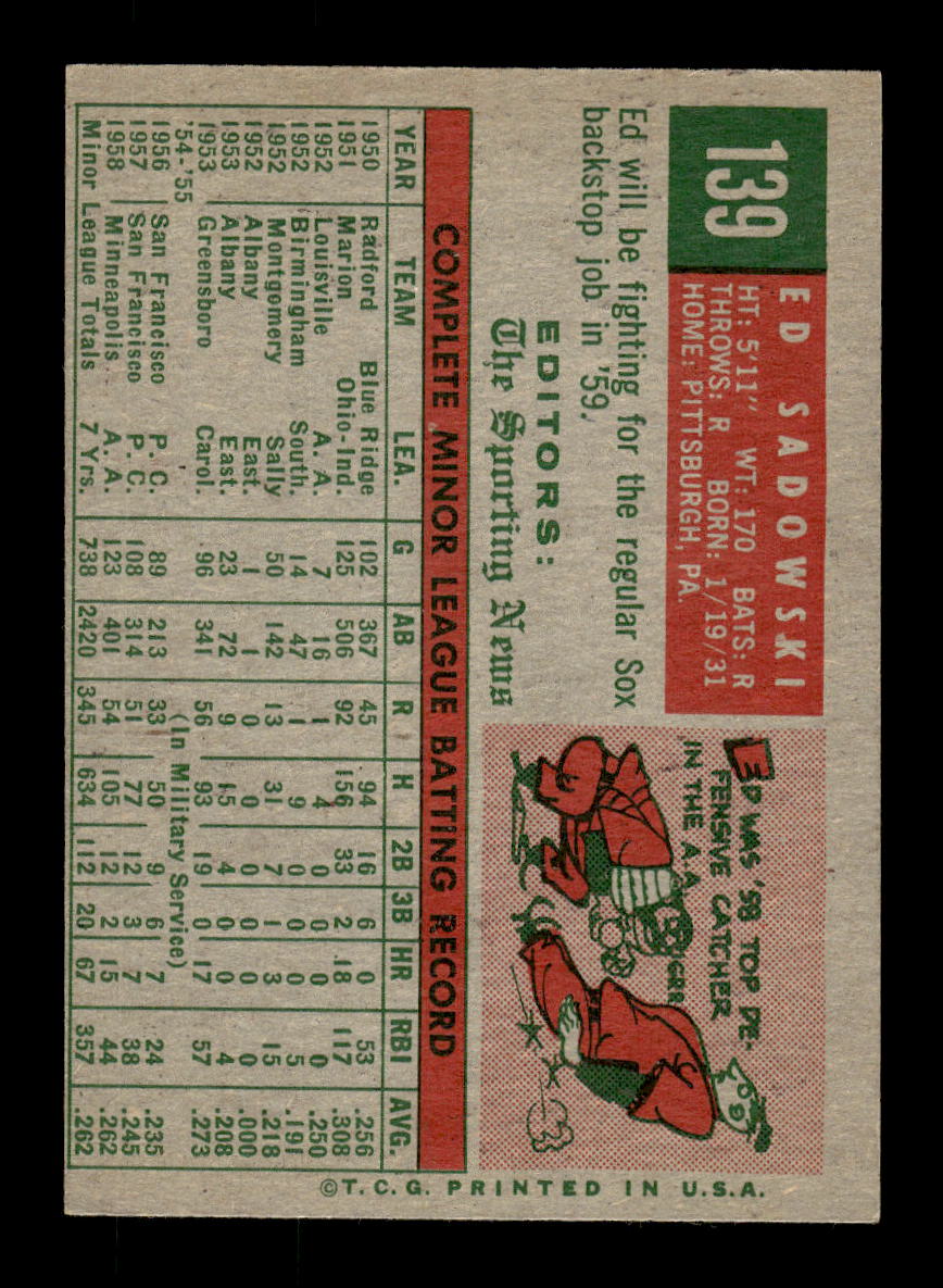 1959 Topps #139 Ed Sadowski Boston Red Sox EXMT 10012960