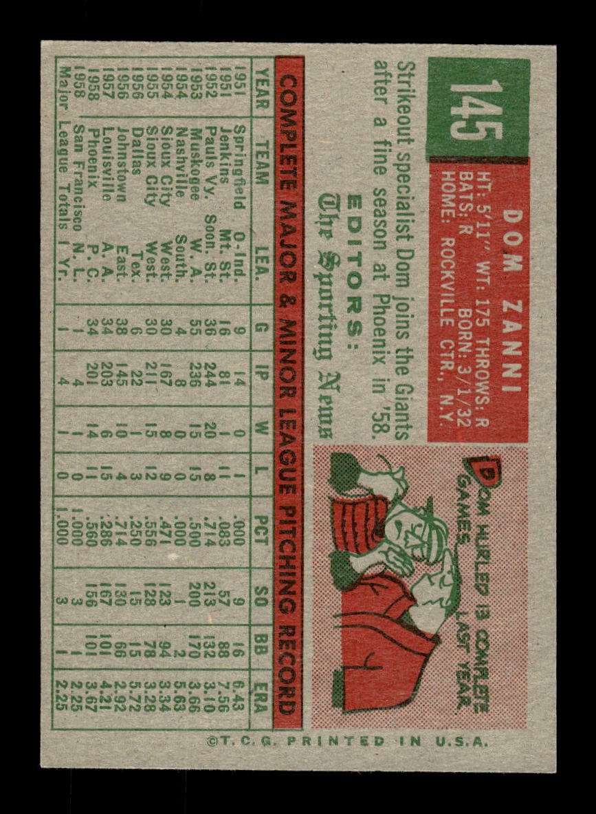 1959 Topps #145 Dom Zanni San Francisco Giants EXMT 10012965