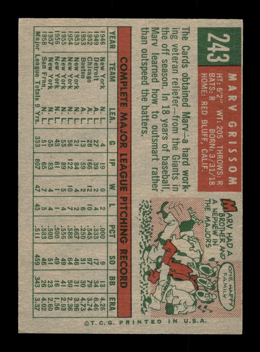 1959 Topps #243b Marv Grissom St. Louis Cardinals EXMT 10012997